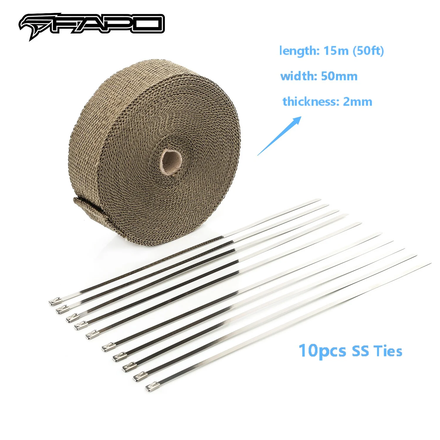 FAPO 2 x 50ft Roll Titanium kolektor Pipe Lava Manifold wydech Heat Wrap 10 Ties